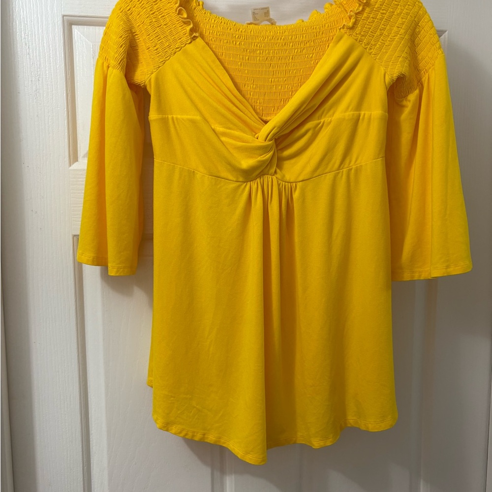 VENUS Yellow Off the Shoulder Bell Sleeve Smocked Blouse